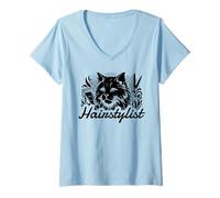 Mujer Gato Peluquería Salón Corte de pelo Peluquería Cabello Camiseta Cuello V