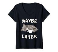 Mujer Gato Perezoso Gracioso Café Tal Vez Más Tarde Camiseta Cuello V