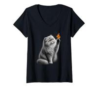 Mujer Gato Persa Mariposa Naturaleza Amante Felino Camiseta Cuello V