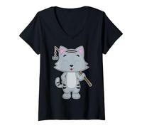 Mujer Gato Pescador Caña de Pescar Pesca Camiseta Cuello V