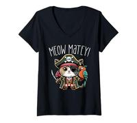 Mujer Gato Pirata Miau Matey Lindo Gatito Gatito niñas niños Mujeres Camiseta Cuello V
