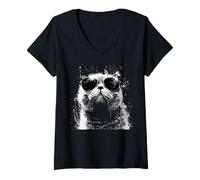 Mujer Gato Plegable escocés Fresco con Gafas de Sol Blanco Splash Art Cats Camiseta Cuello V