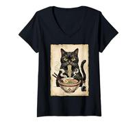 Mujer Gato Ramen Arte Japonés Fideos Kawaii Anime Gato Comiendo Ramen Camiseta Cuello V