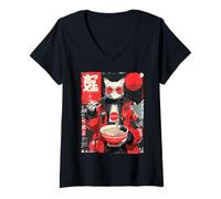 Mujer Gato Ramen Cyberpunk Estética Futurista Japonés Anime Gato Camiseta Cuello V