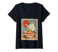 Mujer Gato Ramen Estética Japonesa Ukiyo-e Gatito Gato Anime Gato Camiseta Cuello V