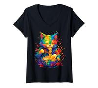 Mujer Gato Ramen Kawaii - Gatito Gourmand Come Fideos Camiseta Cuello V