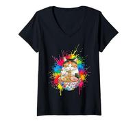 Mujer Gato Ramen Kawaii - Gatito Gourmand Come Fideos Camiseta Cuello V