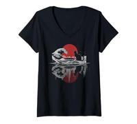 Mujer Gato Reflexión La Gran Ola Kanagawa Japonés Naturaleza Anime Camiseta Cuello V