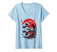 Mujer Gato Reflexión La Gran Ola Kanagawa Japonés Naturaleza Anime Camiseta Cuello V