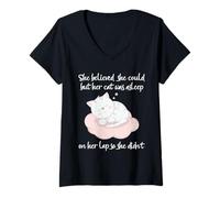Mujer Gato Regazo Siesta Humor Gatito durmiendo dueño Mascota Divertido Cita Arte Camiseta Cuello V