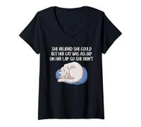 Mujer Gato Regazo Siesta Humor Gatito durmiendo dueño Mascota Divertido Cita Arte Camiseta Cuello V