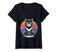 Mujer Gato retro Camiseta Cuello V