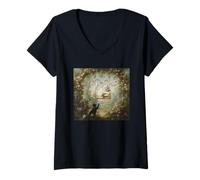 Mujer Gato rococó en Columpio Arte Vintage de jardín Inspirado en Fragonard Camiseta Cuello V