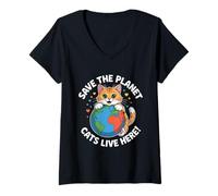 Mujer Gato Salva el Planeta Naturaleza Tierra Gatito Eco Clima Conciencia Camiseta Cuello V