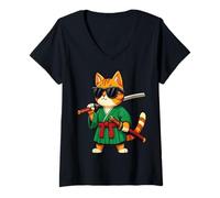 Mujer Gato Samurai Cool con Gafas Sol Negras Camiseta Cuello V