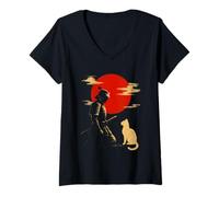 Mujer Gato samurái, diseño Vintage japonés de Sol Naciente Camiseta Cuello V