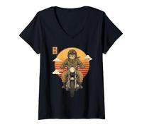Mujer Gato Samurai japonés en Motocicleta Kawaii Ninja Cat Biker Camiseta Cuello V