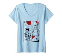 Mujer Gato Samurai Japonés Tokio Japón Puesta de Sol Streetart Gato Am Camiseta Cuello V