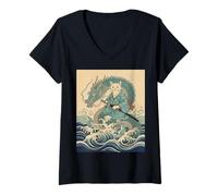 Mujer Gato Samurai Montando Dragón Gran Ola Ukiyo-e Arte Japonés Camiseta Cuello V