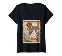 Mujer Gato Samurai Montando un Gallo Gigante japonés Ukiyo-e Art Camiseta Cuello V