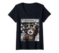Mujer Gato Samurai Último día de Escuela Vacaciones de Verano Divertido Selfie Camiseta Cuello V