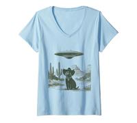 Mujer Gato secuestro alienígena en el Desierto del Sombrero Occidental OVNI Sci-Fi Art Camiseta Cuello V