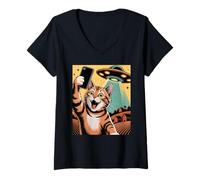 Mujer Gato Selfie OVNI Abducción Arte Retro Camiseta Cuello V