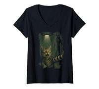 Mujer Gato Selfie OVNI Anubis Dios Antiguo Testigos Contacto Alienígena Camiseta Cuello V