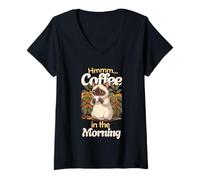 Mujer Gato Siam Dulce Gato y Taza de café por la mañana Camiseta Cuello V