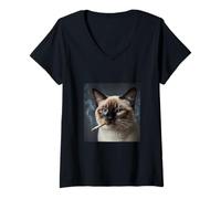 Mujer Gato Siamés Fumando Cigarrillo Fumar Gato Divertido Meme Camiseta Cuello V