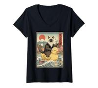 Mujer Gato siamés Ninja Japón Vintage Japonés Ukiyo-e Arte Camiseta Cuello V