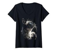 Mujer Gato siamés sosteniendo Luna Llena luz de Luna estética Gatito Arte Camiseta Cuello V