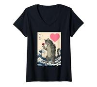 Mujer Gato Sosteniendo Rosa Gran Ola Ukiyo-e Día de San Valentín Camiseta Cuello V