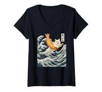 Mujer Gato Surfeando Camarones Tempura Japonés Ukiyo-e Sushi Gran Ola Camiseta Cuello V