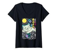 Mujer Gato Sushi Zen Ondas Japonesas Arte Minimalista Pacífico Camiseta Cuello V