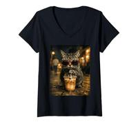 Mujer Gato Tabby Bebiendo Café Helado Animal Divertido Camiseta Cuello V