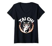 Mujer Gato Tai Chi Yin Yang Flor de la Vida Artes Marciales Gatito Camiseta Cuello V
