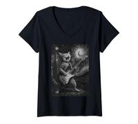 Mujer Gato tocando la guitarra Rock Star Rock and Roll Cat Lover Art Camiseta Cuello V