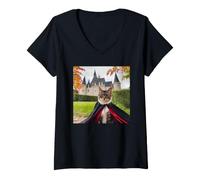 Mujer Gato Vampiro de Halloween en una Capa Camiseta Cuello V