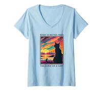 Mujer Gato Viendo una Hermosa Puesta de Sol Qué es Mejor el Amor de un Gato Camiseta Cuello V