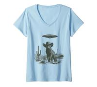 Mujer Gato Vintage con Sombrero de Vaquero OVNI Desierto Sci-Fi Art Camiseta Cuello V