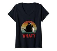 Mujer Gato Vintage ¿Qué? Divertido Gato Negro Gato Asesino con Cuchillo Camiseta Cuello V