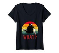 Mujer Gato Vintage ¿Qué? Divertido Gato Negro Gato Asesino con Cuchillo Camiseta Cuello V