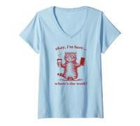 Mujer Gatos Divertido Café, I Am Here Where is The Work, Gatos Camiseta Cuello V