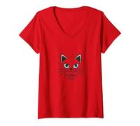 Mujer Gatos Finos felinos para niñas - Cute Kitty Whiskers & Stars Camiseta Cuello V, Rojo, M
