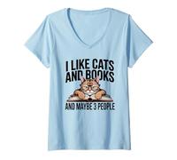 Mujer Gatos Libros Tal Vez 3 Personas Lectura introvertida Antisocial Camiseta Cuello V