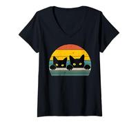 Mujer Gatos Negros Mirando Puesta de Sol Retro Gatito Gatito Hombres Mujeres niños Camiseta Cuello V