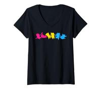 Mujer Gatos Saltando Pansexual LGBTQ Colores Orgullo Pan Divertido Camiseta Cuello V