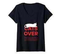 Mujer Gatos sobre Humanos Camiseta Cuello V
