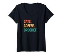 Mujer Gatos Vintage Coffee Crochet Lovers Camiseta Cuello V